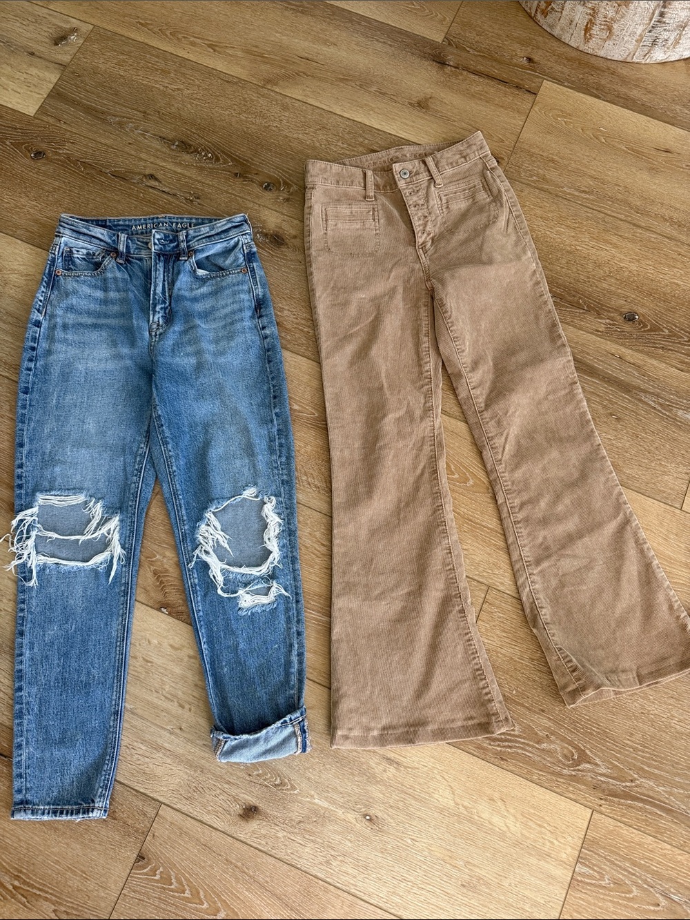 American Eagle Outfitters Blue Distressed Boyfriend Jeans & Tan Corduroy Flare